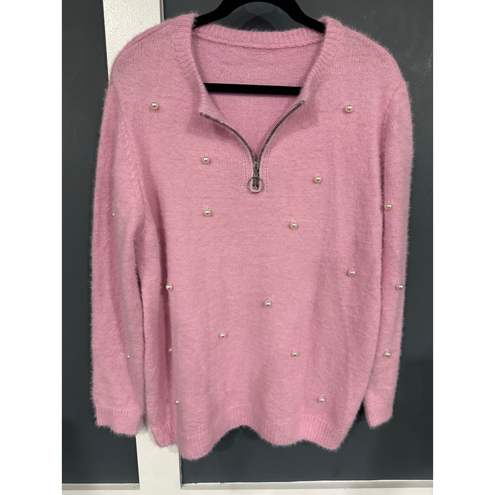 Women's Pink Pearl Embellished Quarter-Zip Sweater XXL - Picture 1 of 3